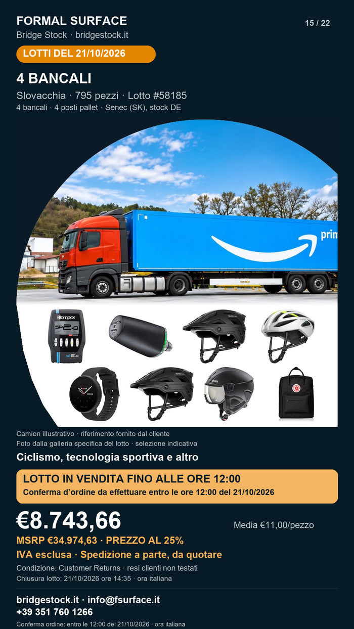 Lotto resi Amazon ciclismo, tecnologia sportiva – 4 bancali, 795 pezzi – #58185
