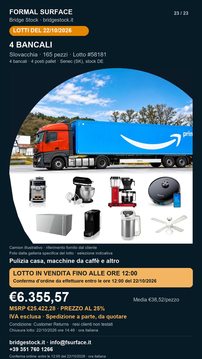 Lotto resi Amazon pulizia casa, macchine da caffè – 4 bancali, 165 pezzi – #58181