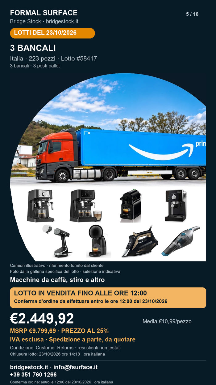 Lotto resi Amazon macchine da caffè, stiro – 3 bancali, 223 pezzi – #58417