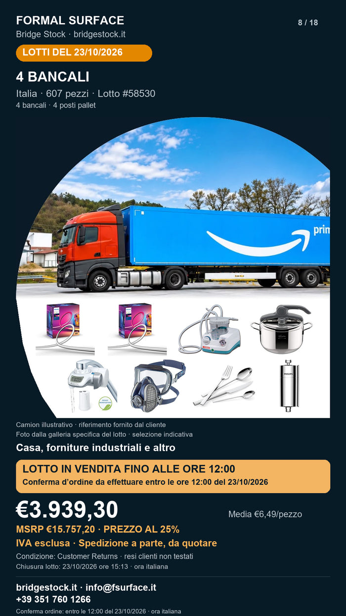 Lotto resi Amazon casa, forniture industriali – 4 bancali, 607 pezzi – #58530