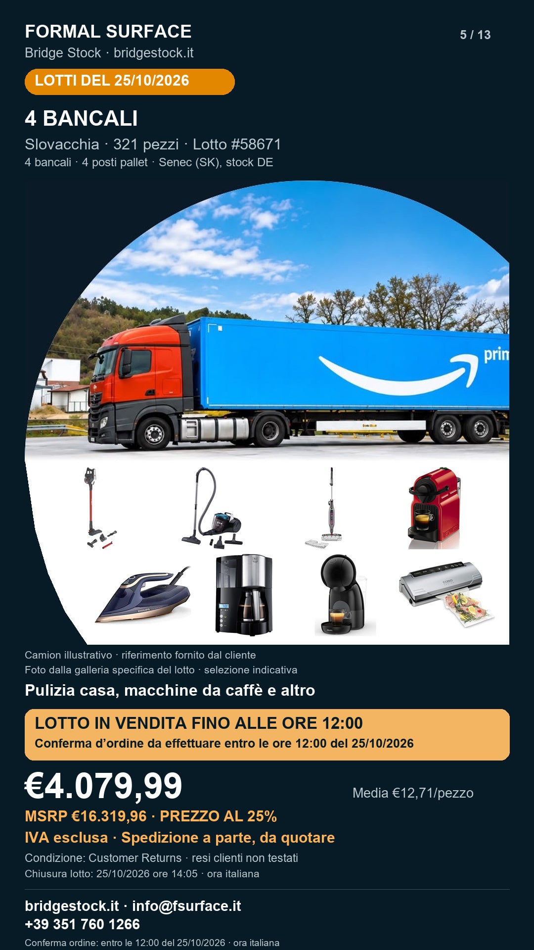Lotto resi Amazon pulizia casa, macchine da caffè – 4 bancali, 321 pezzi – #58671