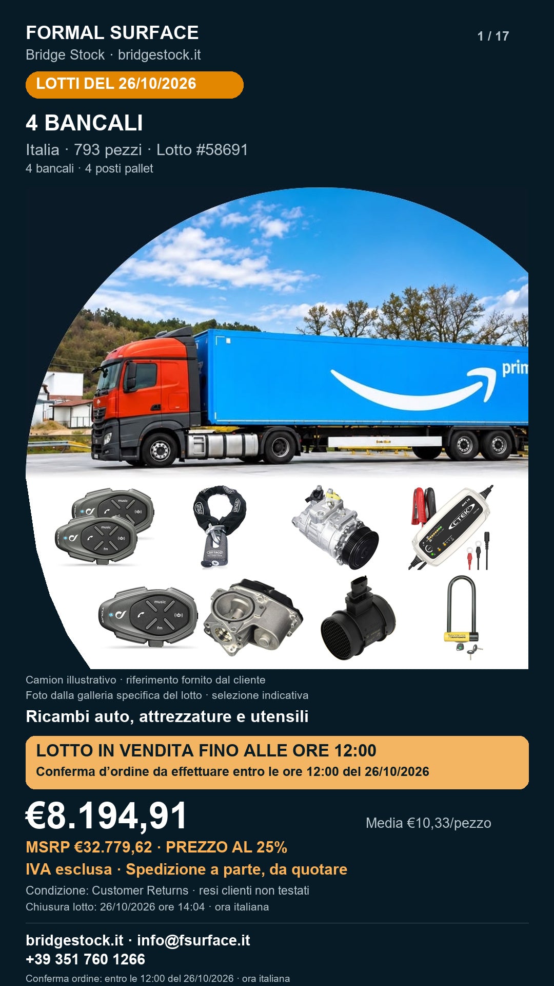 Lotto resi Amazon ricambi auto, attrezzature e utensili – 4 bancali, 793 pezzi – #58691