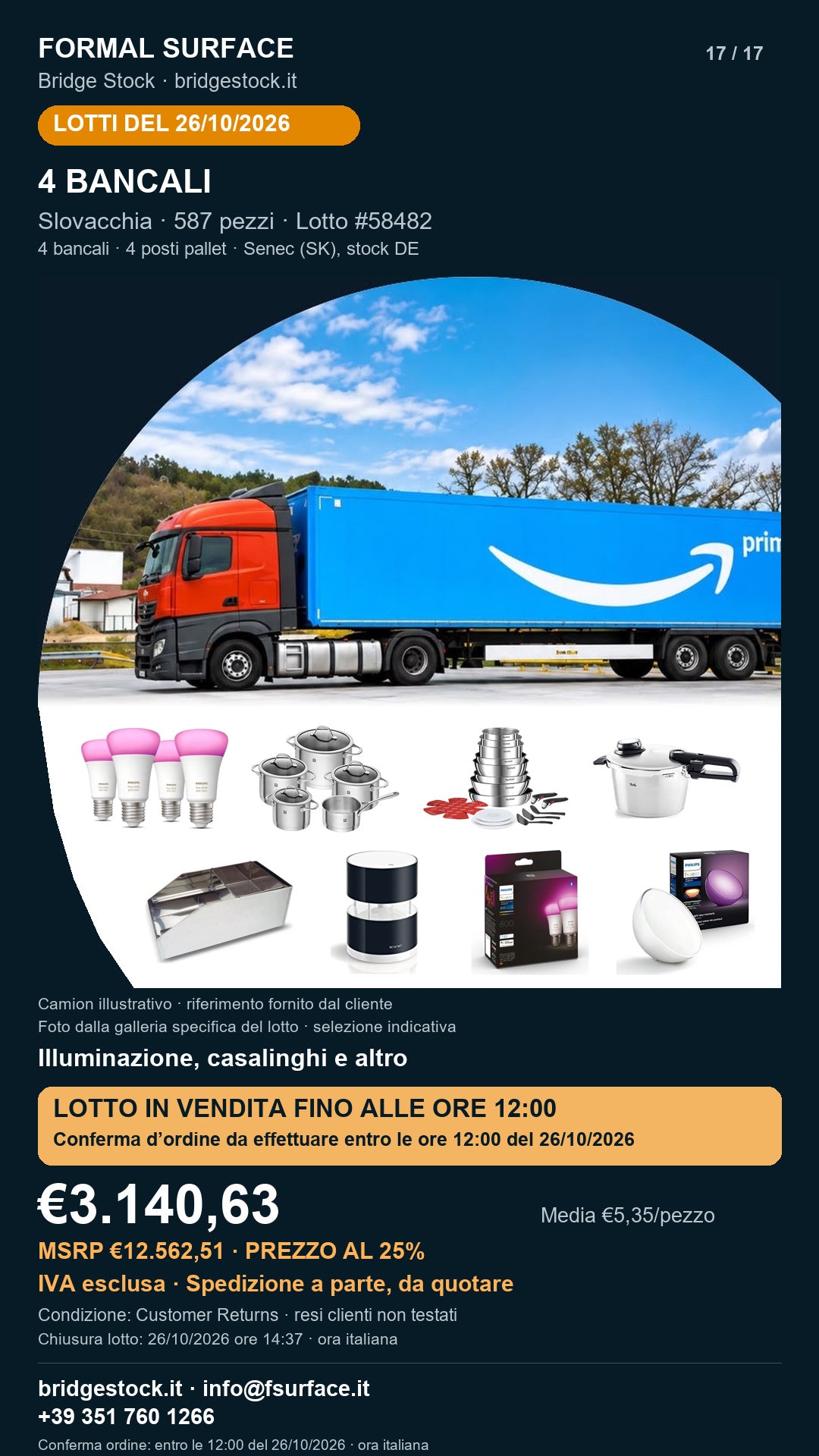 Lotto resi Amazon illuminazione, casalinghi – 4 bancali, 587 pezzi – #58482