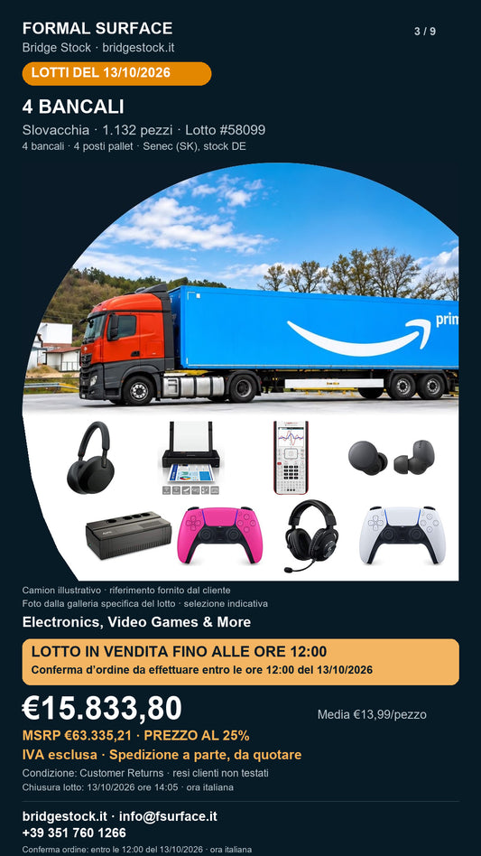 Lotto resi Amazon elettronica e videogiochi – 4 bancali, 1.132 pezzi – #58099 – scheda del 13/10/2026