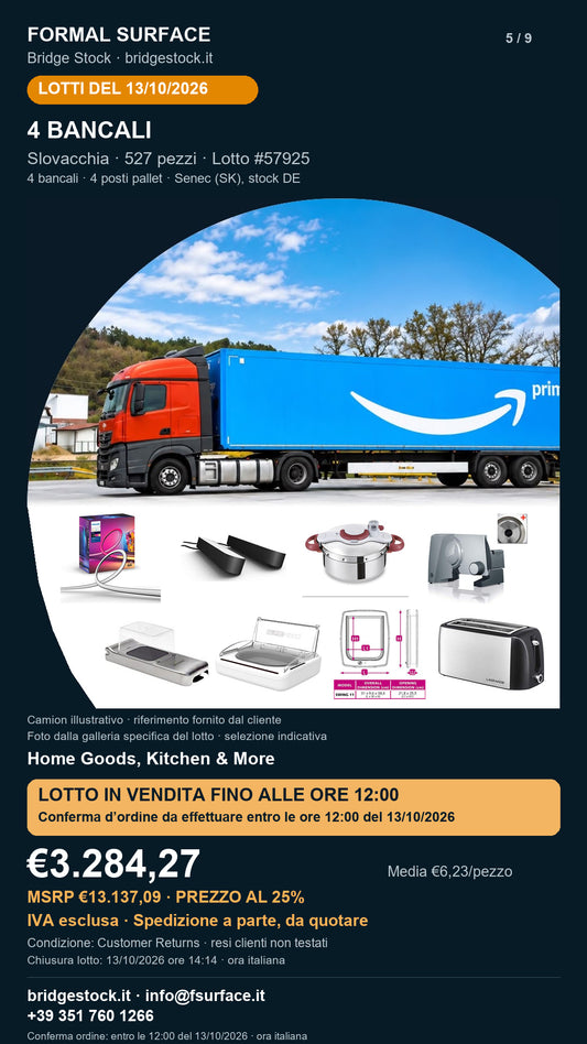 Lotto resi Amazon casa e cucina – 4 bancali, 527 pezzi – #57925 – scheda del 13/10/2026