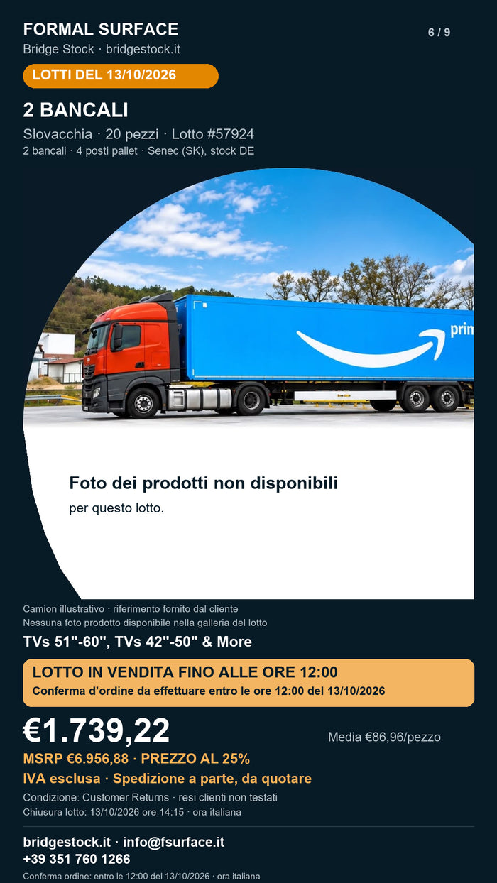 Lotto resi Amazon televisori – 2 bancali, 20 pezzi – #57924 – scheda del 13/10/2026