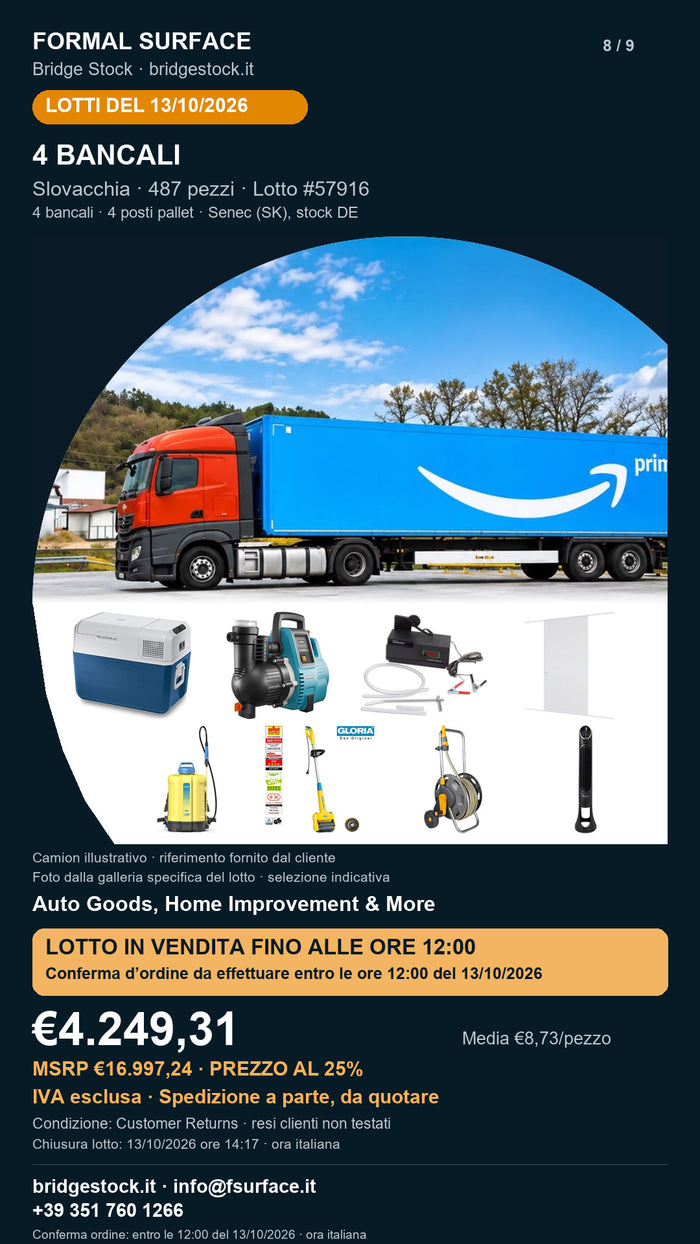 Lotto resi Amazon auto e fai da te – 4 bancali, 487 pezzi – #57916 – scheda del 13/10/2026