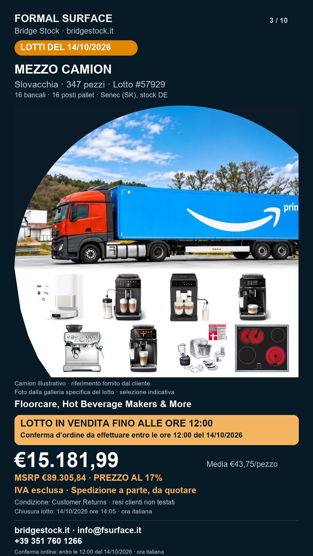 Lotto resi Amazon pulizia e macchine da caffè – mezzo camion, 347 pezzi – #57929 – scheda del 14/10/2026