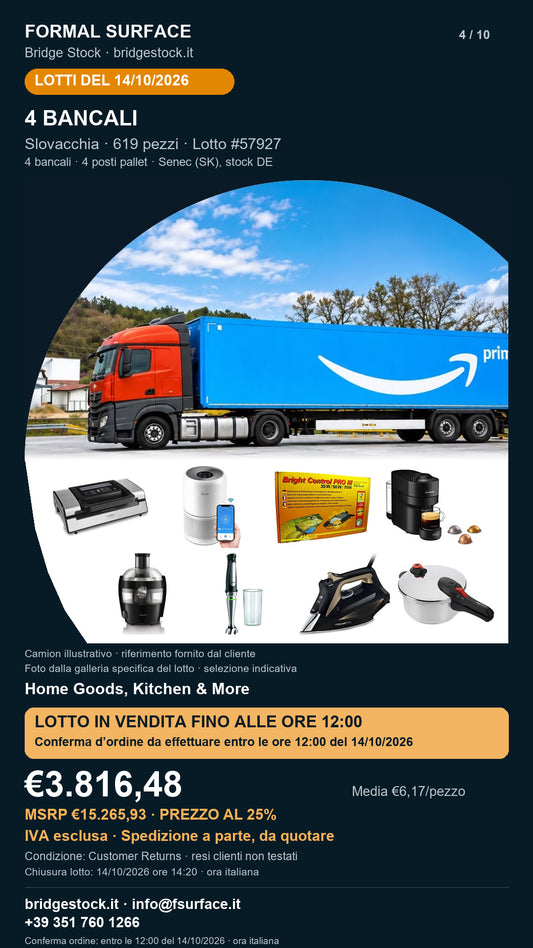 Lotto resi Amazon casa e cucina – 4 bancali, 619 pezzi – #57927 – scheda del 14/10/2026