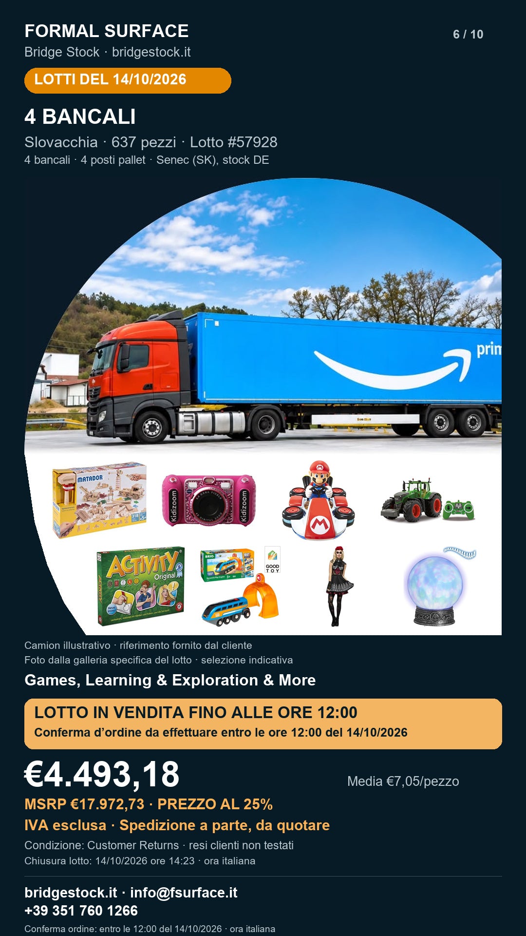 Lotto resi Amazon giochi e attività educative – 4 bancali, 637 pezzi – #57928 – scheda del 14/10/2026