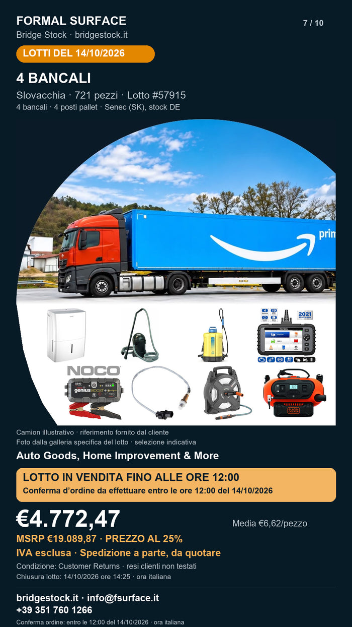 Lotto resi Amazon auto e fai da te – 4 bancali, 721 pezzi – #57915 – scheda del 14/10/2026