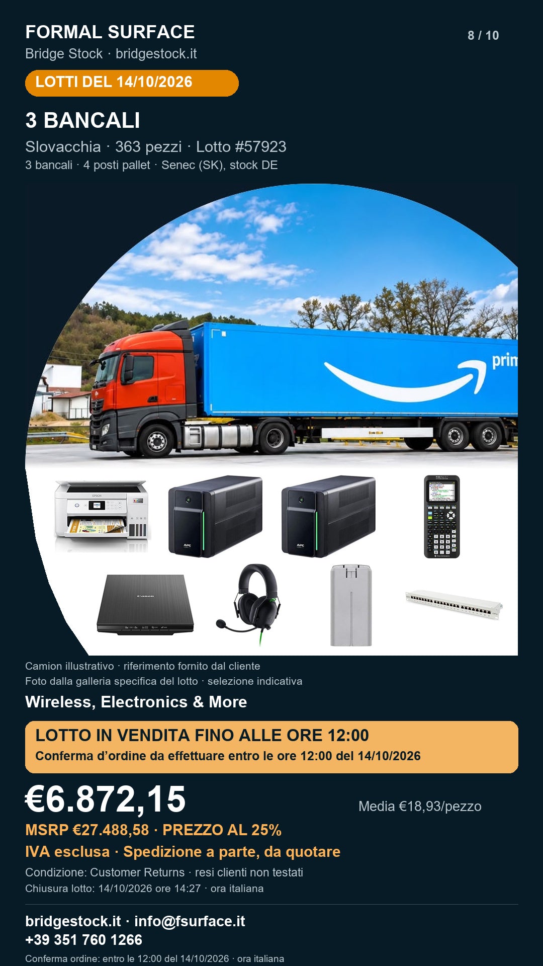 Lotto resi Amazon elettronica e wireless – 3 bancali, 363 pezzi – #57923 – scheda del 14/10/2026
