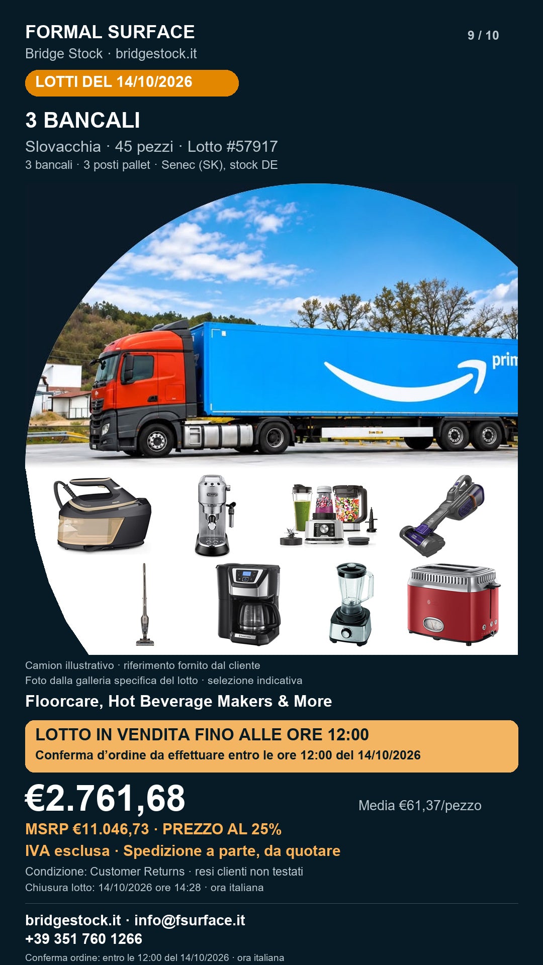 Lotto resi Amazon pulizia e macchine da caffè – 3 bancali, 45 pezzi – #57917 – scheda del 14/10/2026