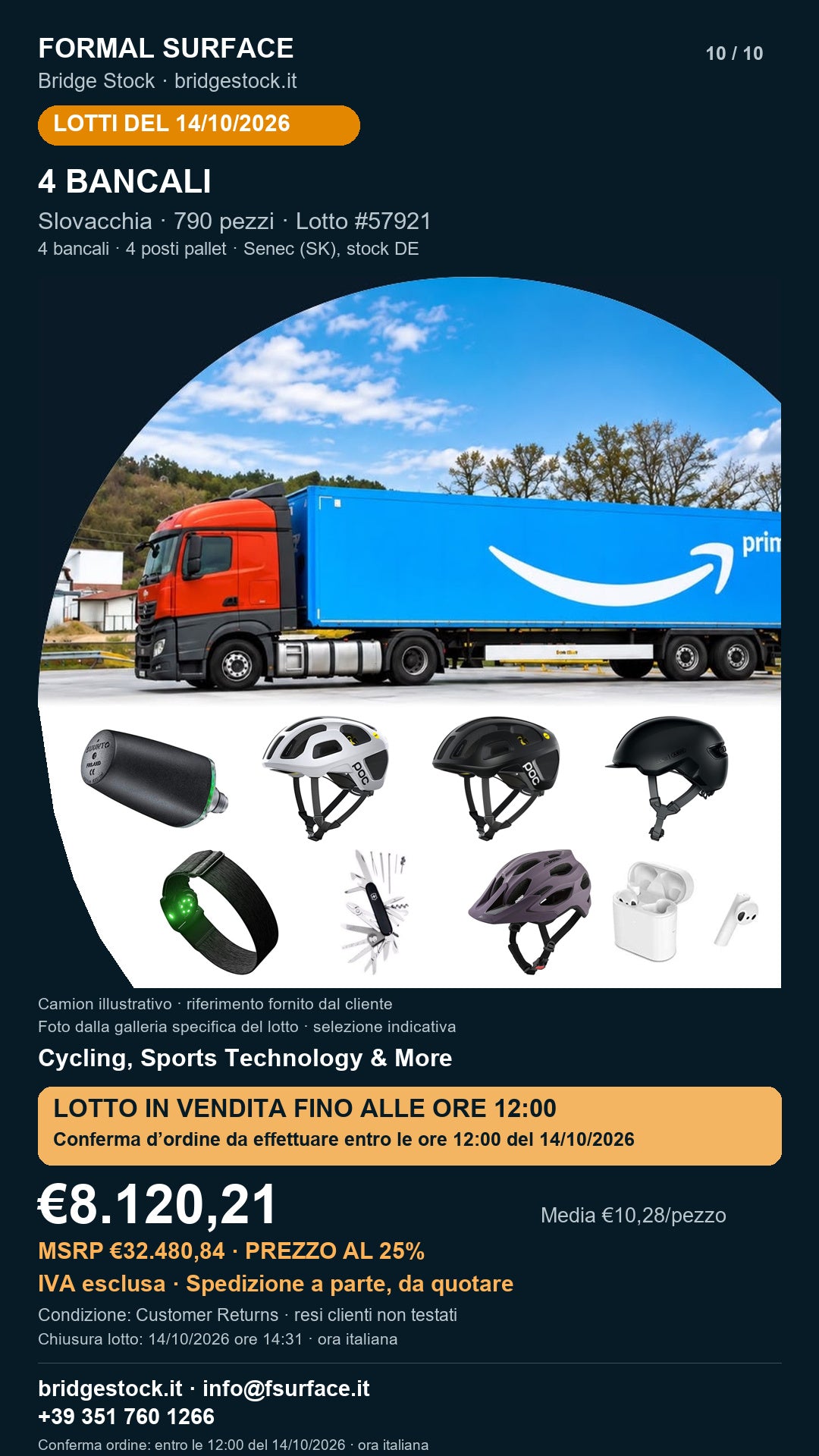 Lotto resi Amazon ciclismo e accessori sportivi – 4 bancali, 790 pezzi – #57921 – scheda del 14/10/2026