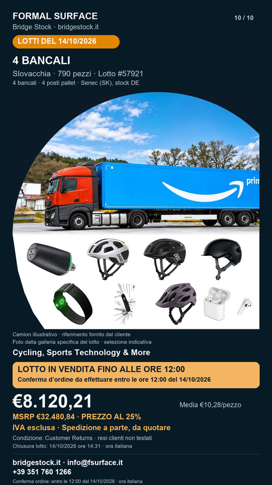 Lotto resi Amazon ciclismo e accessori sportivi – 4 bancali, 790 pezzi – #57921 – scheda del 14/10/2026