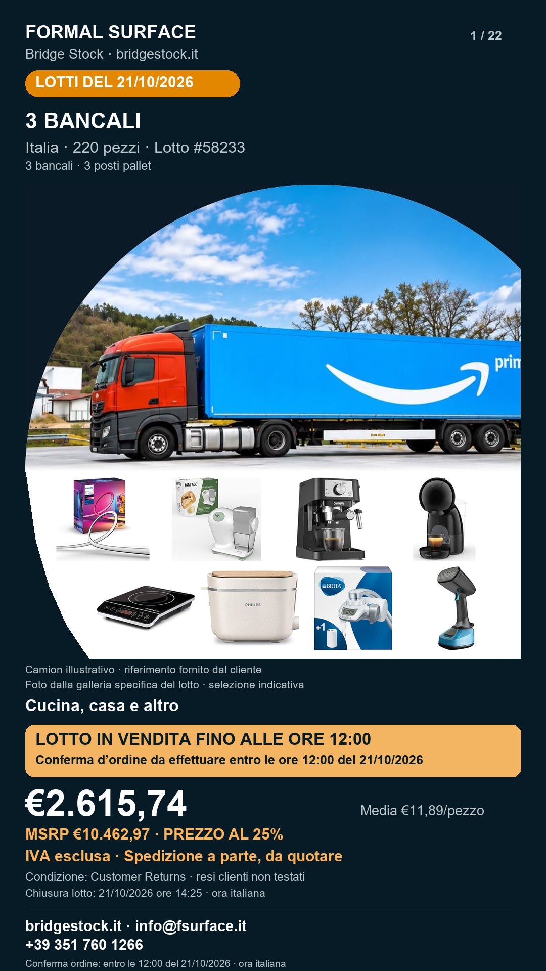 Lotto resi Amazon cucina, casa – 3 bancali, 220 pezzi – #58233