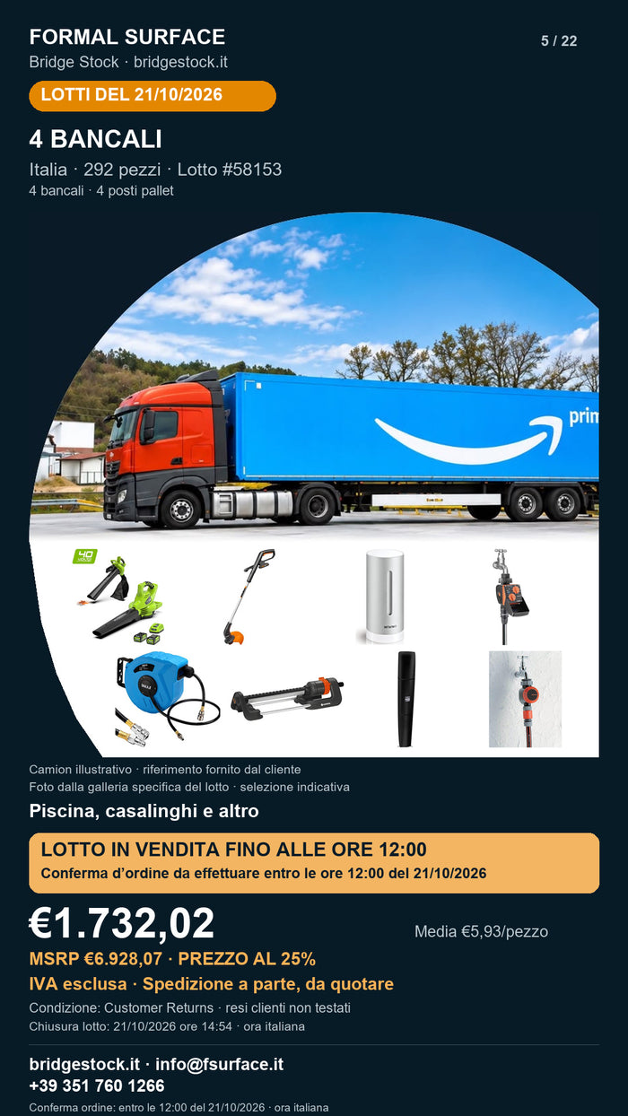 Lotto resi Amazon piscina, casalinghi – 4 bancali, 292 pezzi – #58153