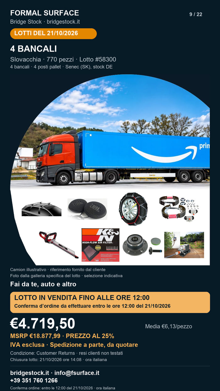 Lotto resi Amazon fai da te, auto – 4 bancali, 770 pezzi – #58300
