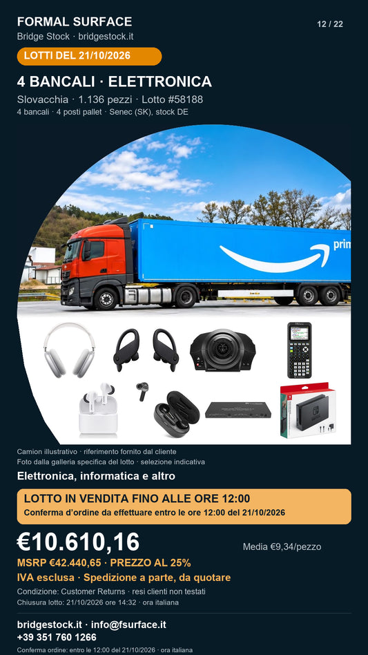 Lotto resi Amazon elettronica, informatica – 4 bancali, 1136 pezzi – #58188