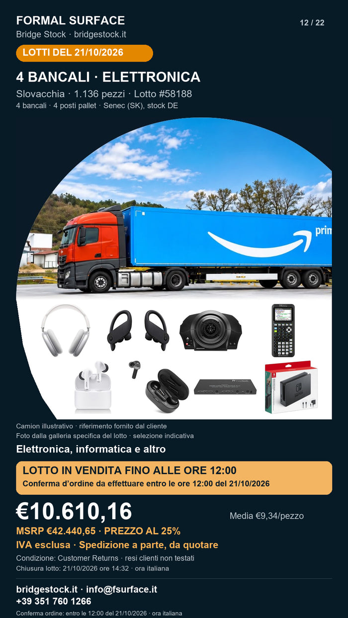 Lotto resi Amazon elettronica, informatica – 4 bancali, 1136 pezzi – #58188
