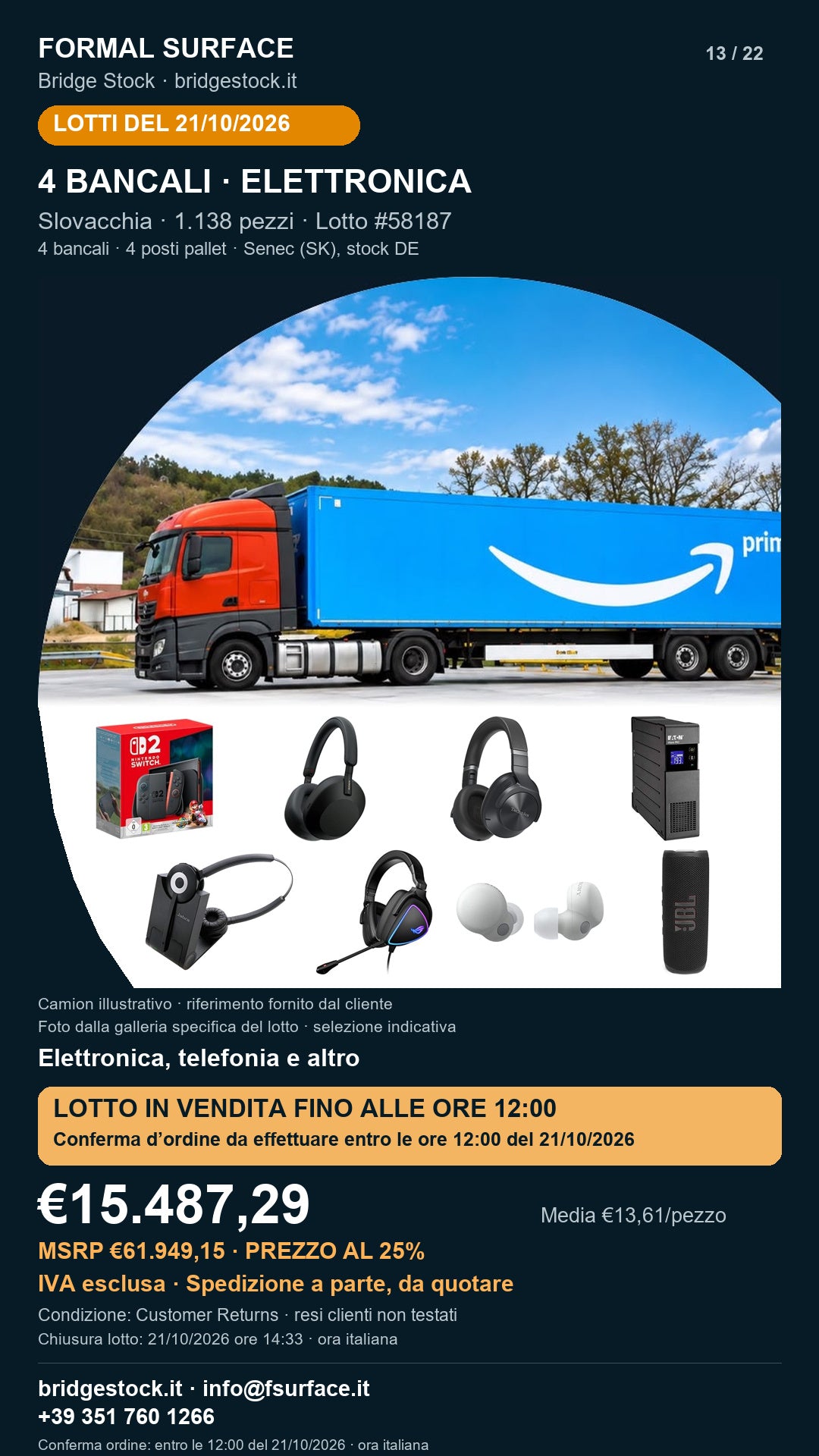 Lotto resi Amazon elettronica, telefonia – 4 bancali, 1138 pezzi – #58187