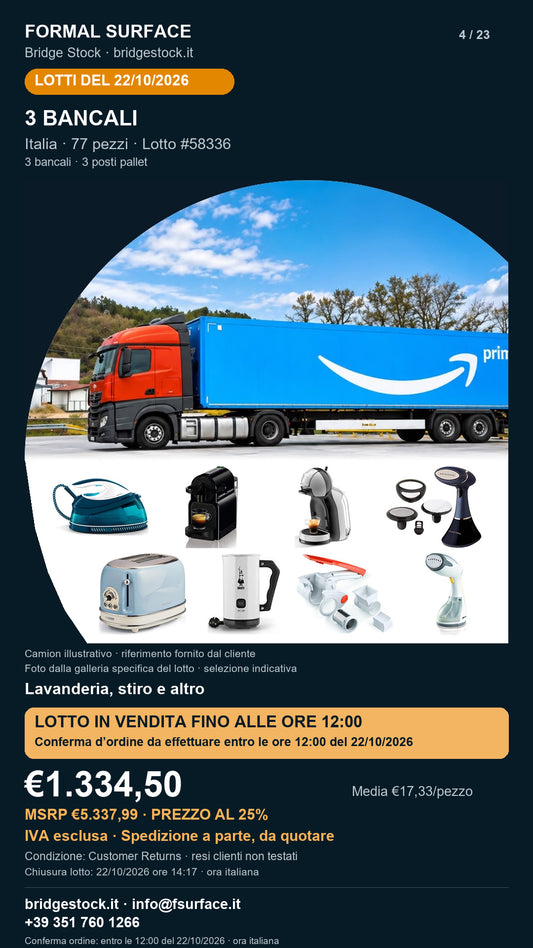 Lotto resi Amazon lavanderia, stiro – 3 bancali, 77 pezzi – #58336