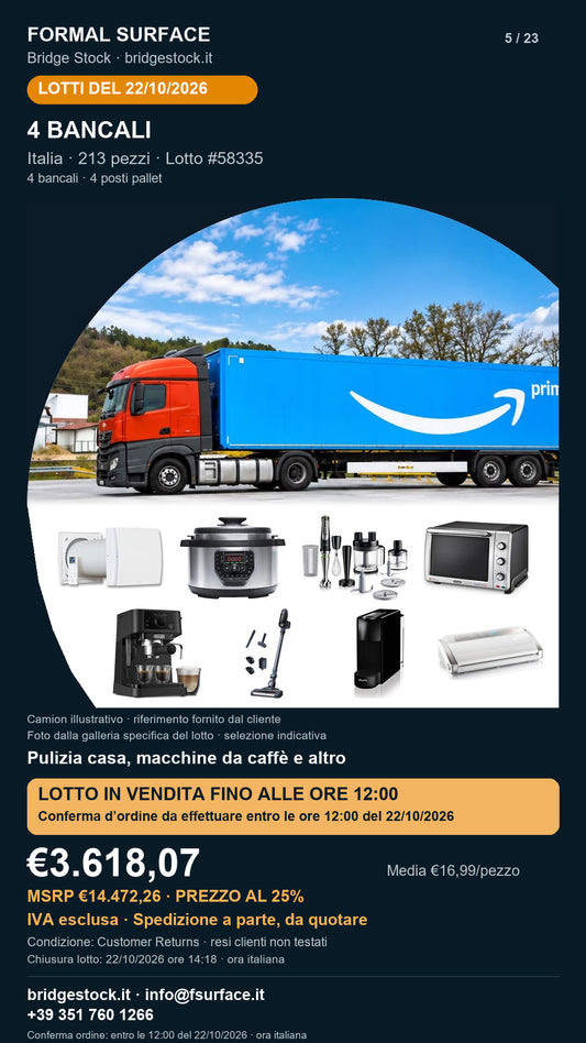 Lotto resi Amazon pulizia casa, macchine da caffè – 4 bancali, 213 pezzi – #58335