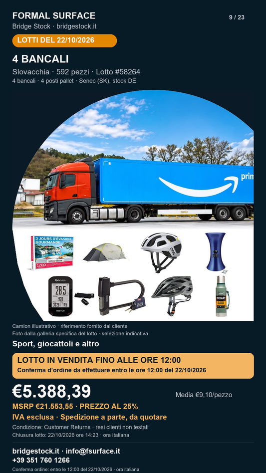 Lotto resi Amazon sport, giocattoli – 4 bancali, 592 pezzi – #58264