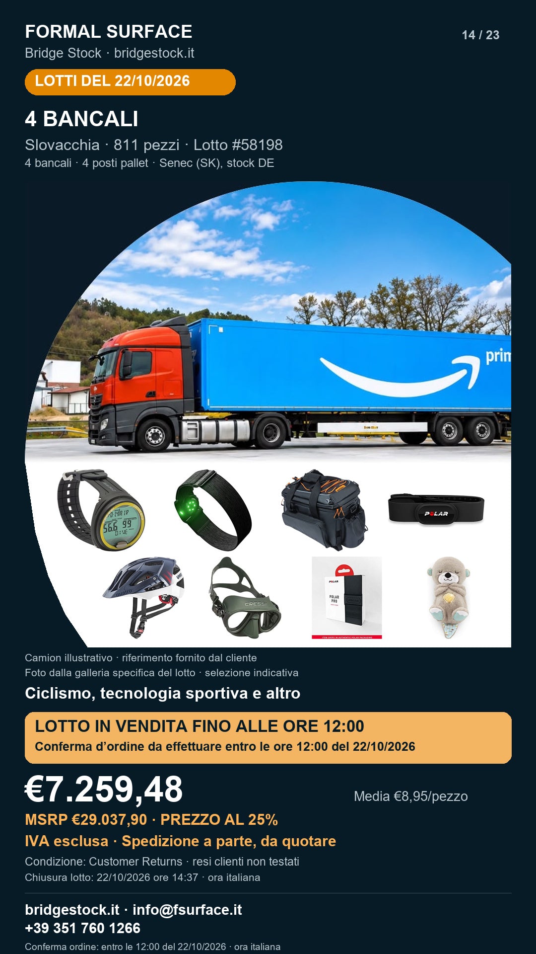 Lotto resi Amazon ciclismo, tecnologia sportiva – 4 bancali, 811 pezzi – #58198