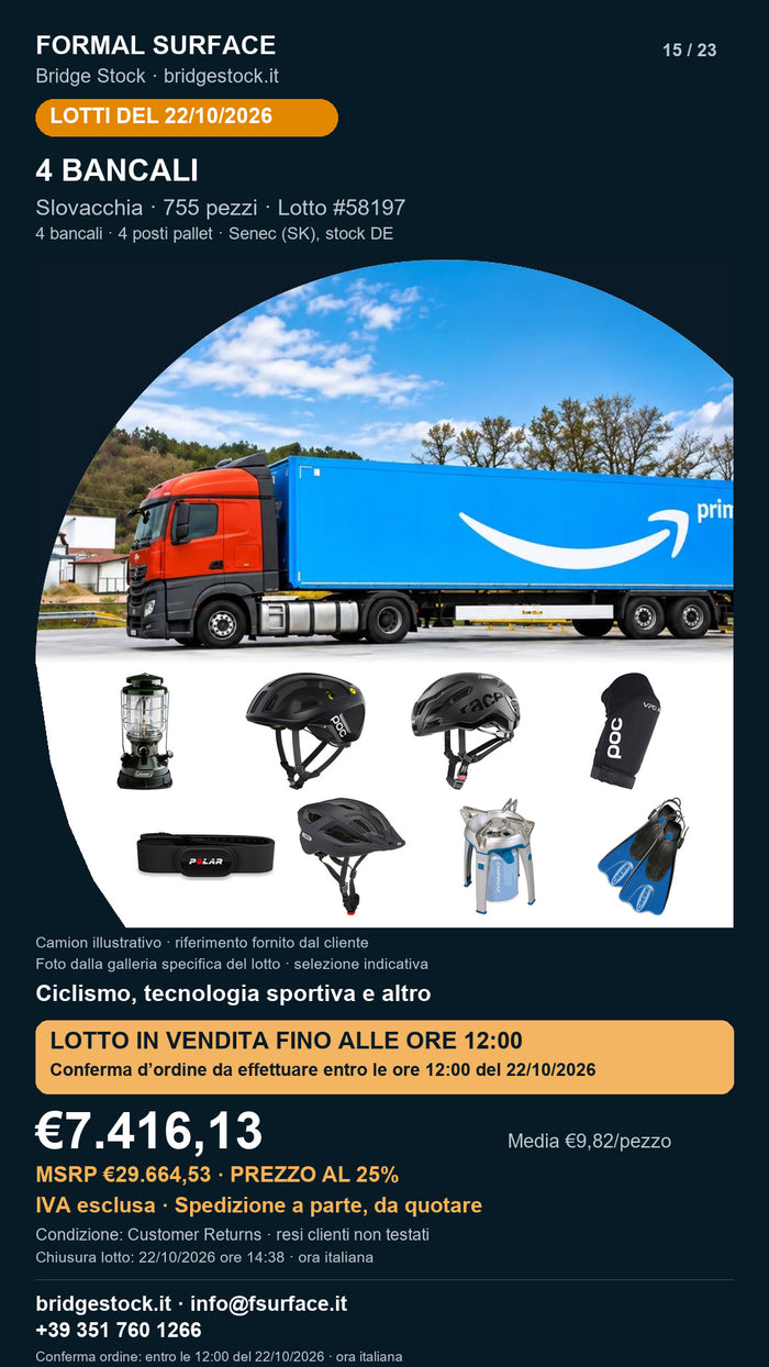 Lotto resi Amazon ciclismo, tecnologia sportiva – 4 bancali, 755 pezzi – #58197