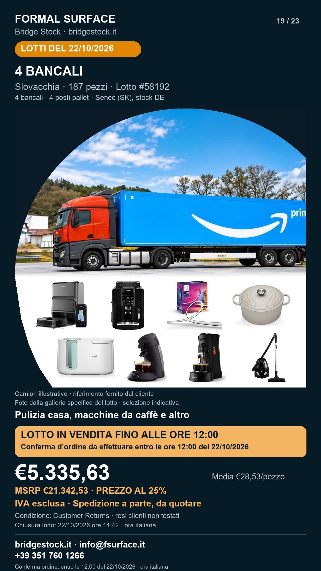 Lotto resi Amazon pulizia casa, macchine da caffè – 4 bancali, 187 pezzi – #58192
