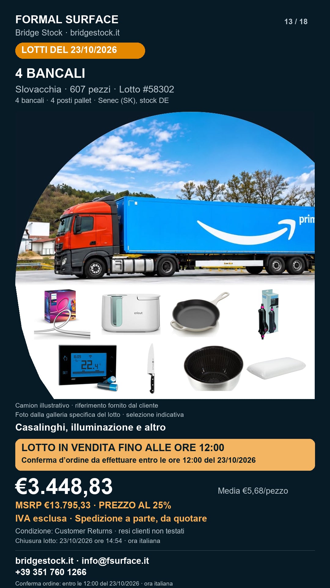 Lotto resi Amazon casalinghi, illuminazione – 4 bancali, 607 pezzi – #58302