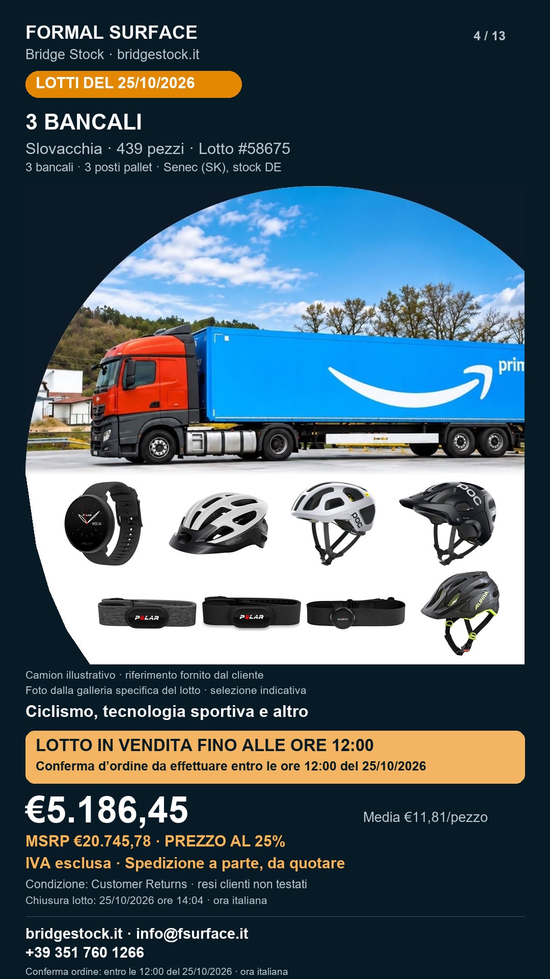 Lotto resi Amazon ciclismo, tecnologia sportiva – 3 bancali, 439 pezzi – #58675