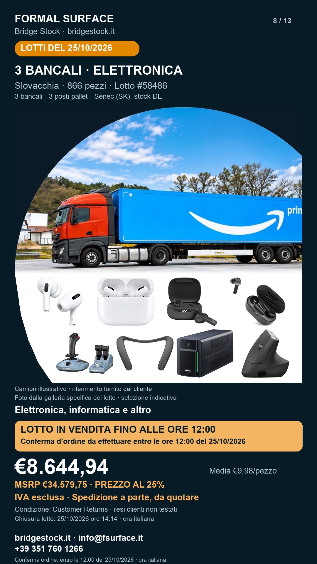 Lotto resi Amazon elettronica, informatica – 3 bancali, 866 pezzi – #58486