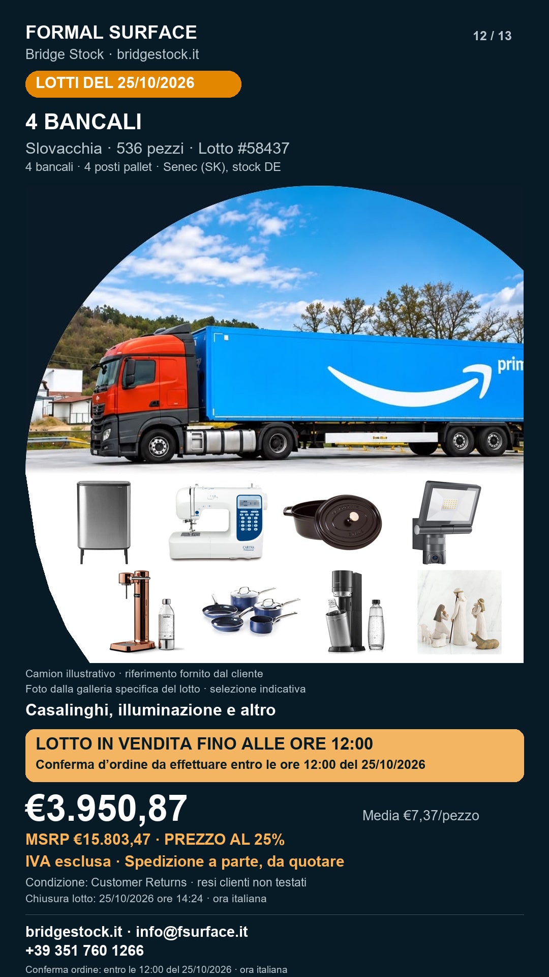 Lotto resi Amazon casalinghi, illuminazione – 4 bancali, 536 pezzi – #58437