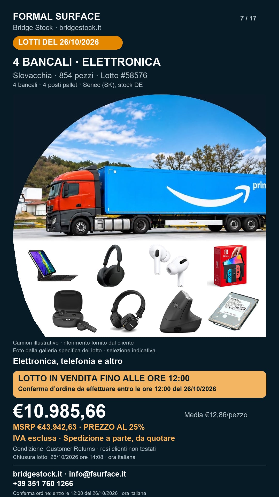 Lotto resi Amazon elettronica, telefonia – 4 bancali, 854 pezzi – #58576