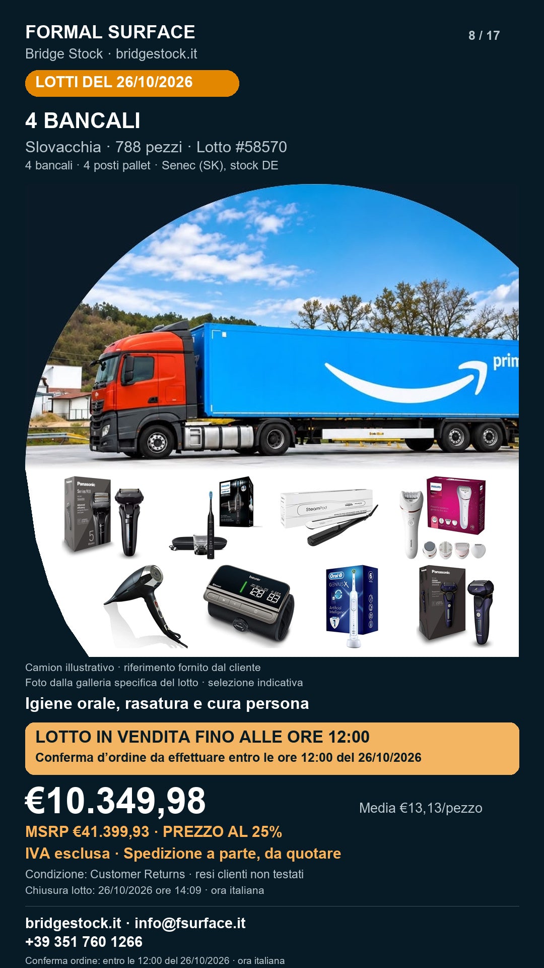 Lotto resi Amazon igiene orale, rasatura e cura persona – 4 bancali, 788 pezzi – #58570