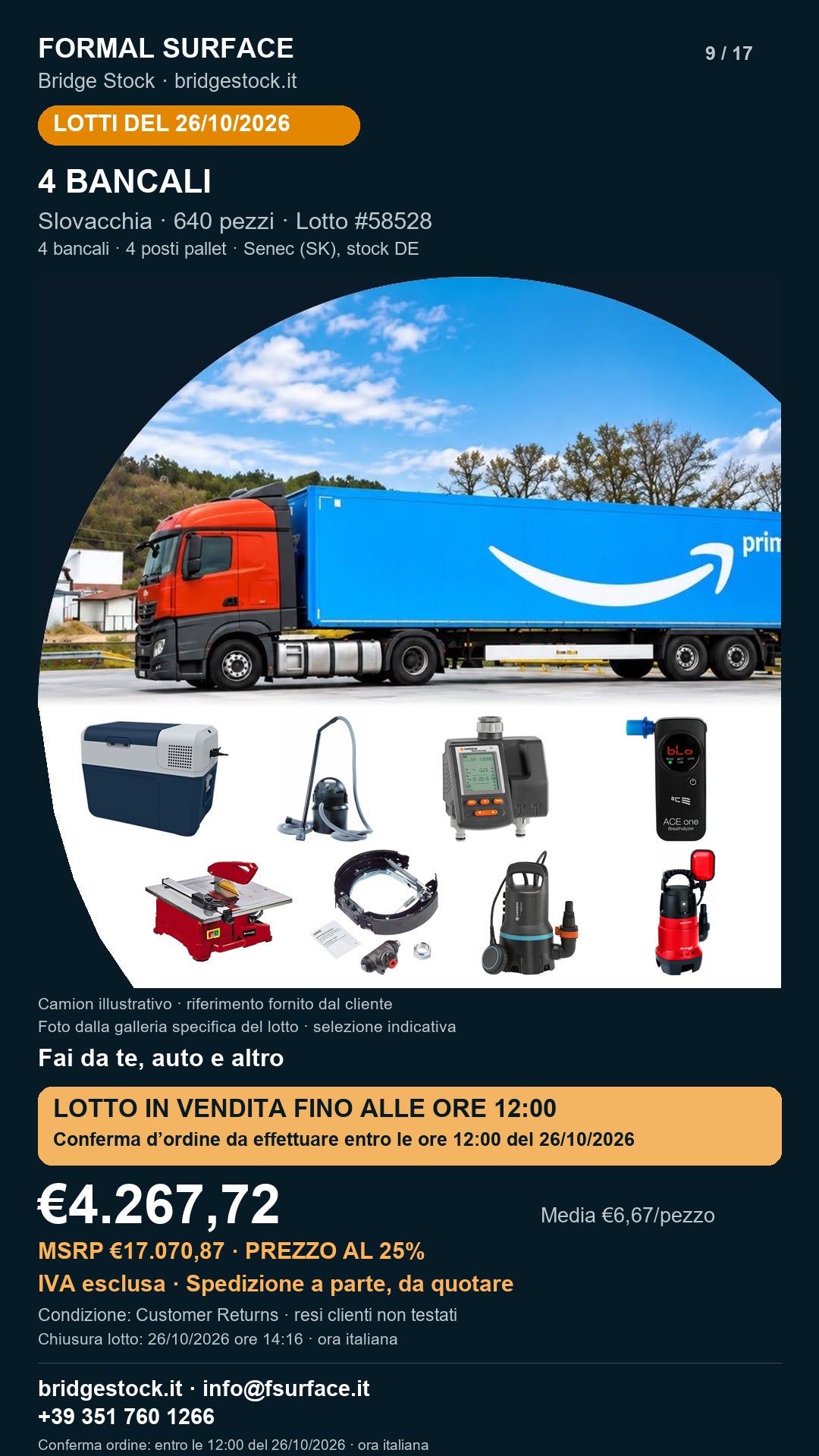 Lotto resi Amazon fai da te, auto – 4 bancali, 640 pezzi – #58528