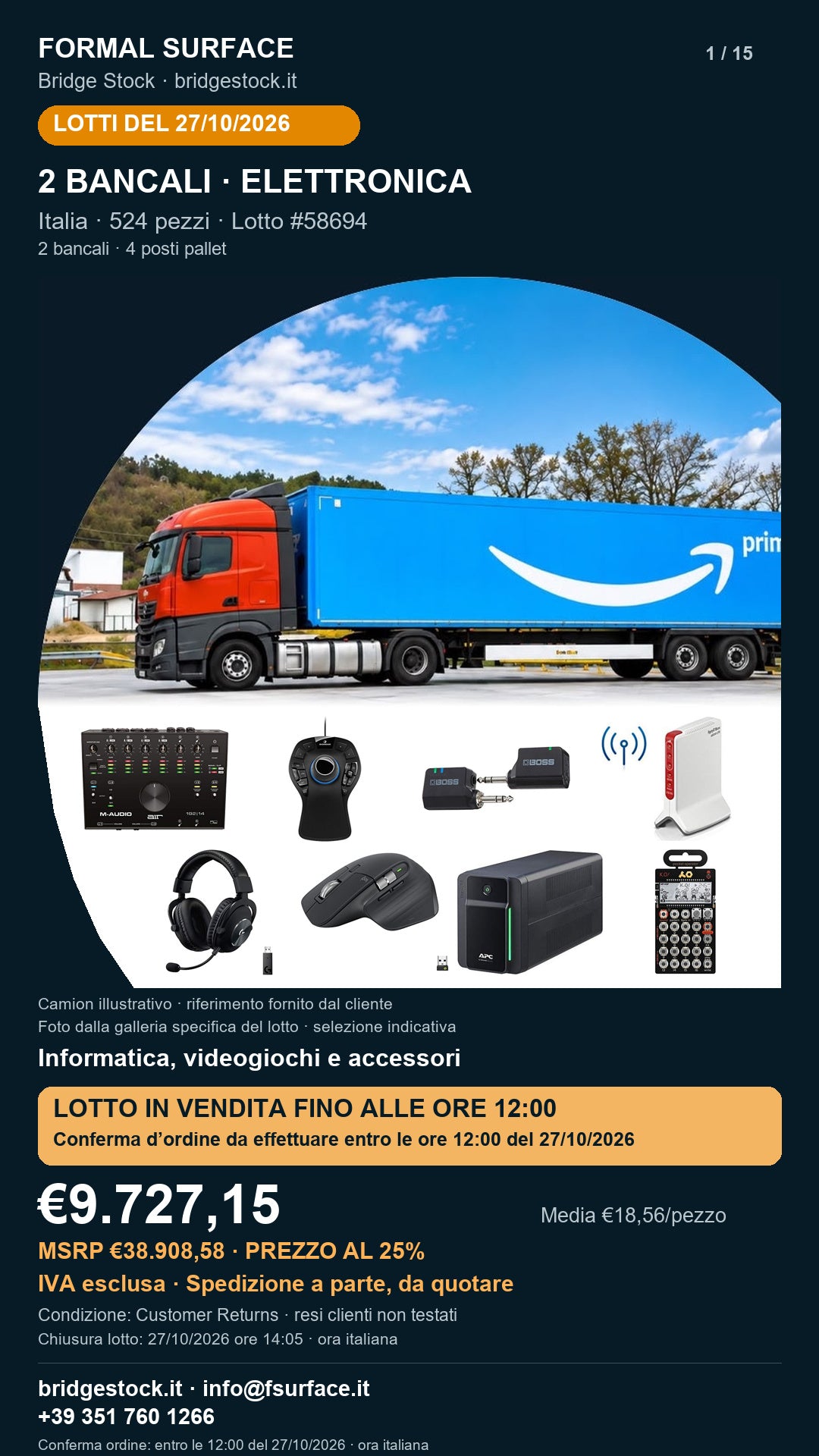 Lotto resi Amazon informatica, videogiochi e accessori – 2 bancali, 524 pezzi – #58694