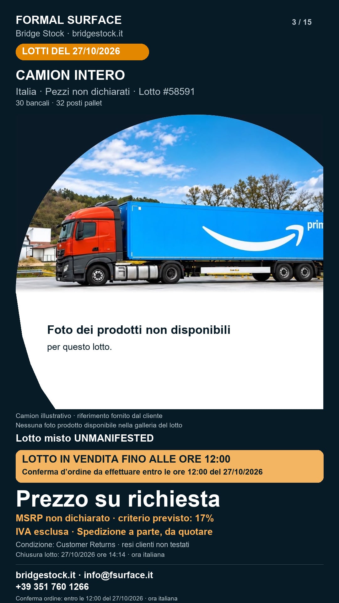 Lotto resi Amazon misto UNMANIFESTED – camion intero, 30 bancali – #58591
