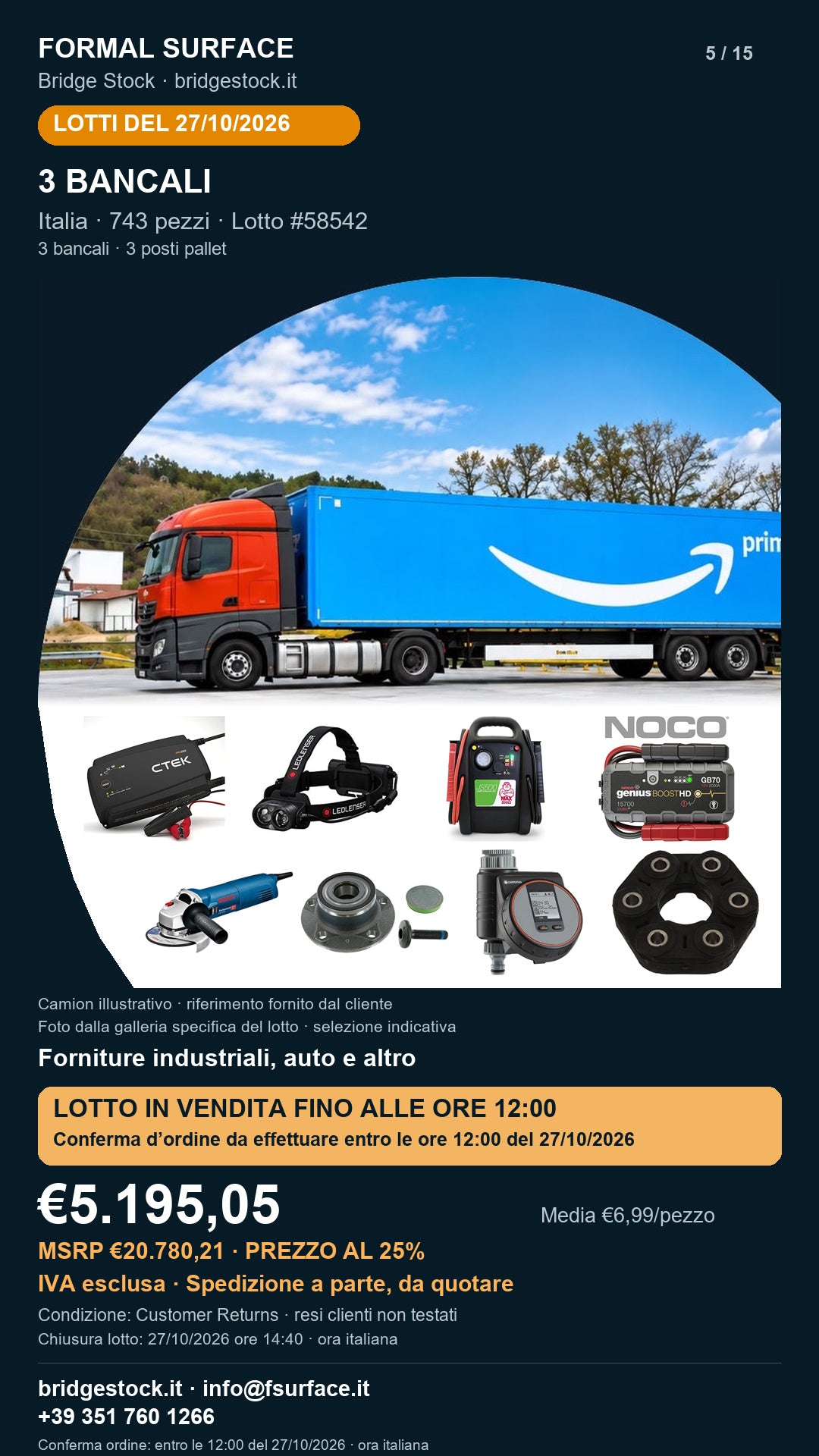 Lotto resi Amazon forniture industriali, auto – 3 bancali, 743 pezzi – #58542