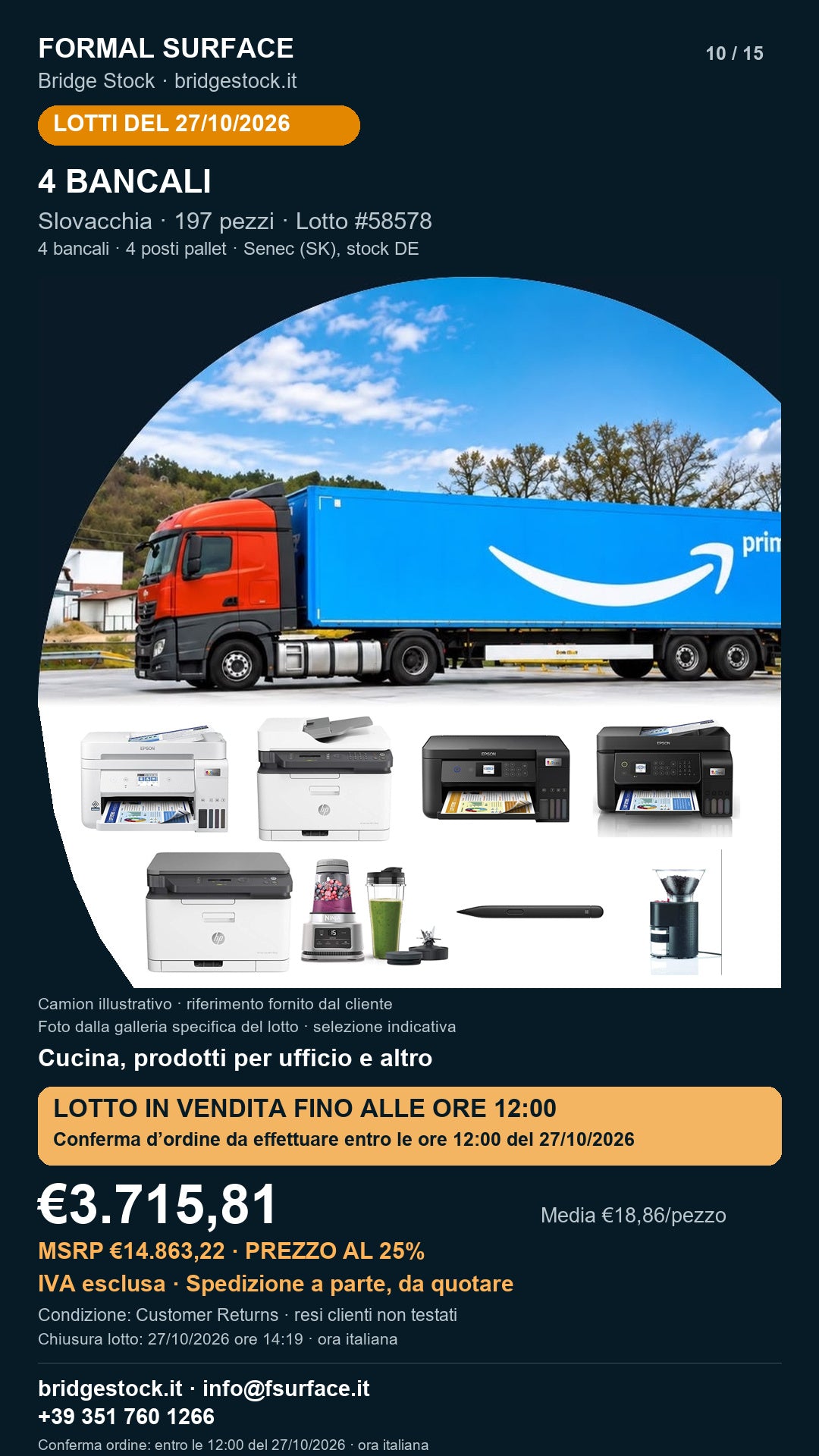 Lotto resi Amazon cucina, prodotti per ufficio – 4 bancali, 197 pezzi – #58578
