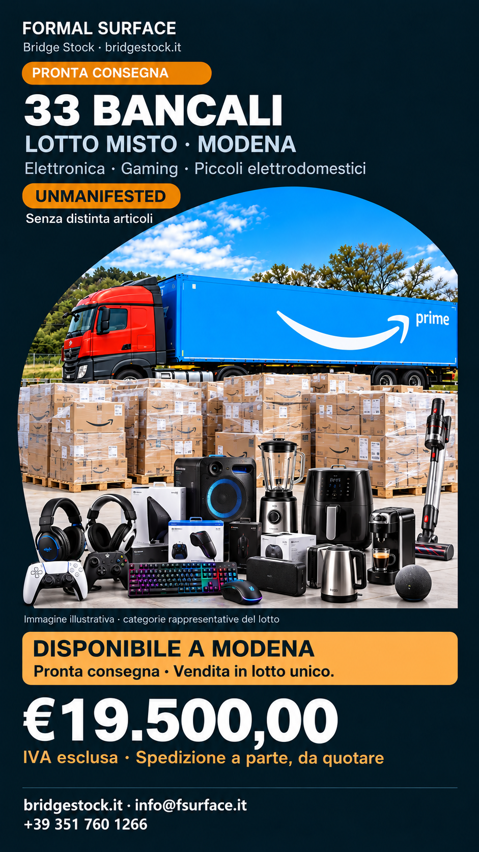 33 bancali di stock misto unmanifested a Modena. Immagine illustrativa di elettronica, gaming e piccoli elettrodomestici.